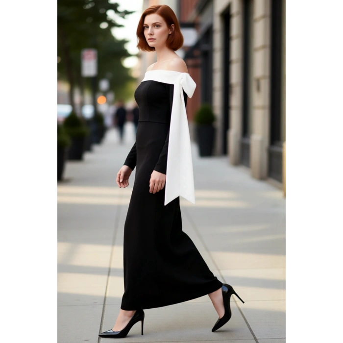 Kadın Uzun Kollu Bodycon Maxi Elbise Carmen Yaka Scuba Krep Şık Gece Davetleri İçin İdeal Seçim