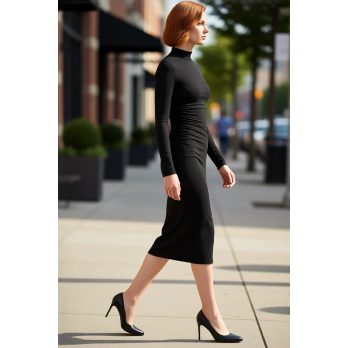 Kadın Uzun Kollu Bodycon Siluet Dik Yaka Midi Örme Elbise Drape Detaylı Kışlık Şıklık Kaliteli