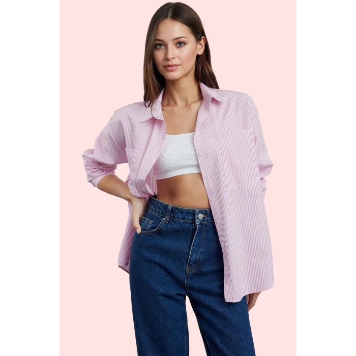 Kadın Uzun Kollu Çizgili Oversize Gömlek Dokuma Kumaş Rahat Günlük Kombinler Modern Tasarım
