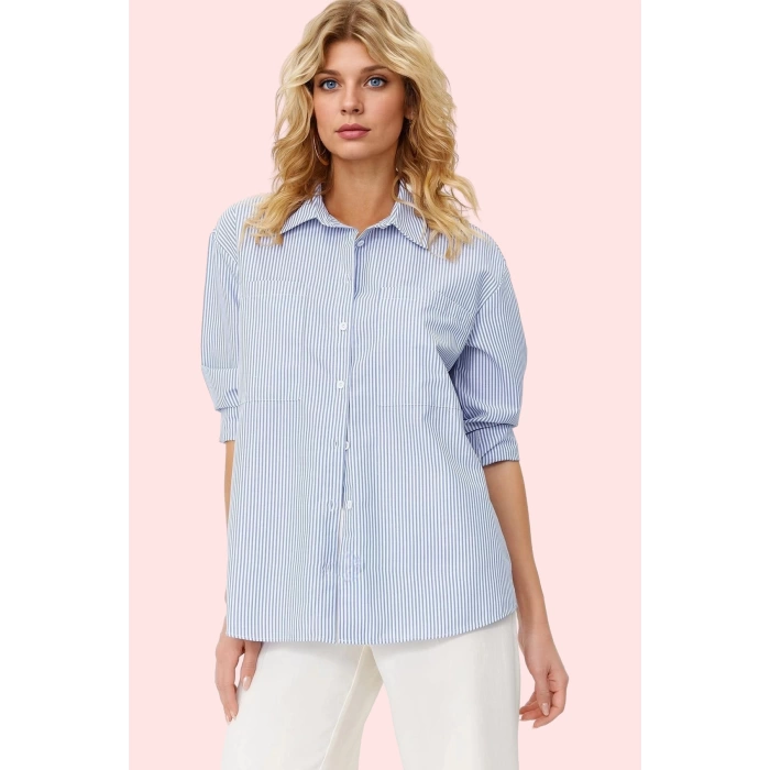 Kadın Uzun Kollu Çizgili Oversize Gömlek Dokuma Kumaş Rahat Günlük Kombinler Modern Tasarım