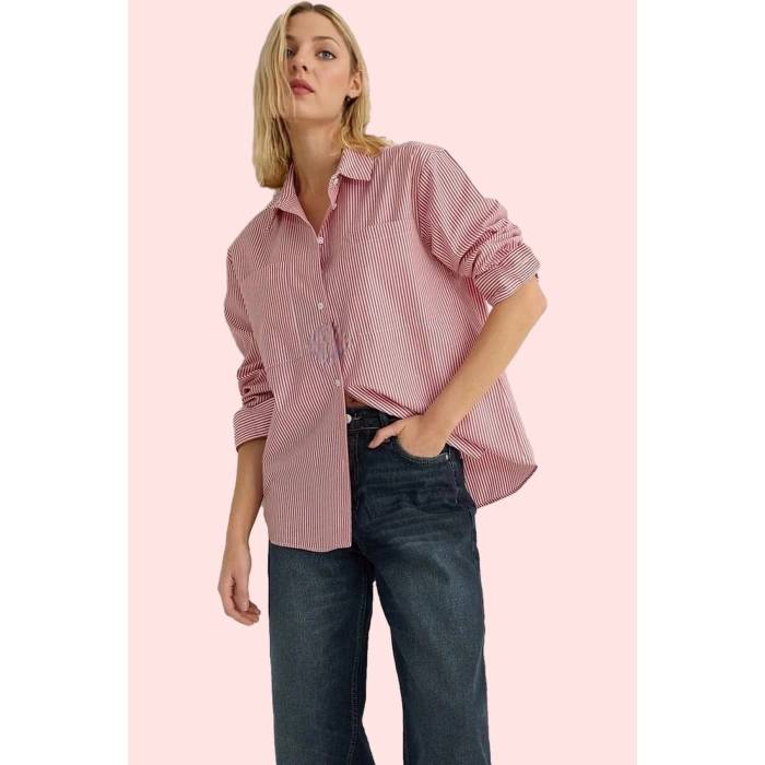 Kadın Uzun Kollu Çizgili Oversize Gömlek Dokuma Kumaş Rahat Günlük Kombinler Modern Tasarım