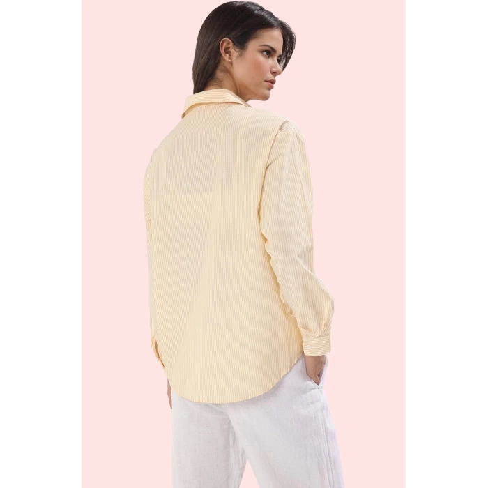 Kadın Uzun Kollu Çizgili Oversize Gömlek Dokuma Kumaş Rahat Günlük Kombinler Modern Tasarım