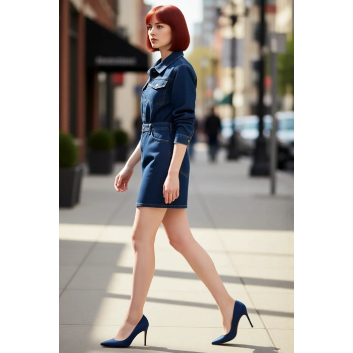 Kadın Uzun Kollu Denim Mini Elbise Gömlek Yaka Bodycon Kalıp Modern Günlük Şıklık İçin İdeal.