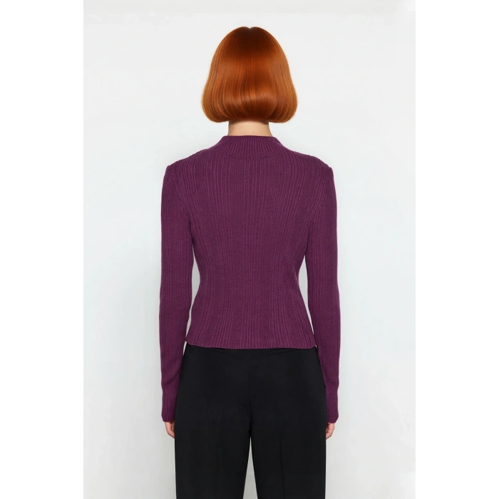 Kadın Uzun Kollu Dik Yaka Fitilli Triko Kazak Fitted Kesim Casual Giyim İçin İdeal Basic Model