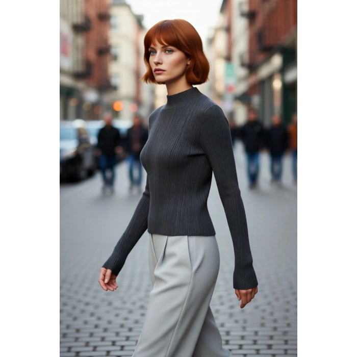Kadın Uzun Kollu Dik Yaka Fitilli Triko Kazak Fitted Kesim Casual Giyim İçin İdeal Basic Model