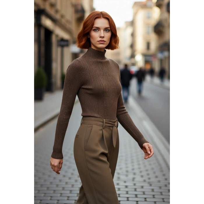 Kadın Uzun Kollu Dik Yaka Fitilli Triko Kazak Fitted Kesim Casual Giyim İçin İdeal Basic Model