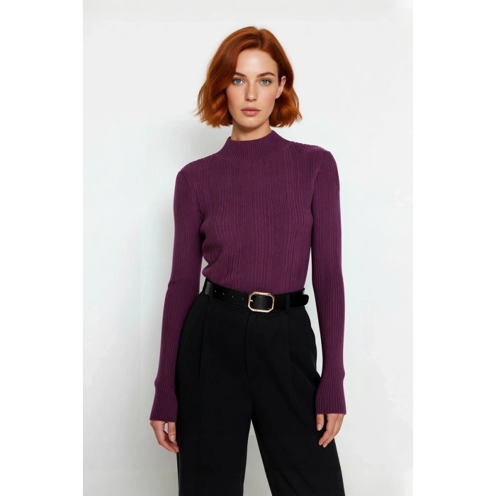 Kadın Uzun Kollu Dik Yaka Fitilli Triko Kazak Fitted Kesim Casual Giyim İçin İdeal Basic Model