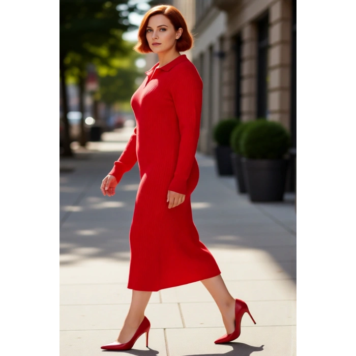 Kadın Uzun Kollu Fitilli Polo Yaka Bodycon Triko Elbise Midi Boy Soğuk Havalar İçin İdeal Kaliteli