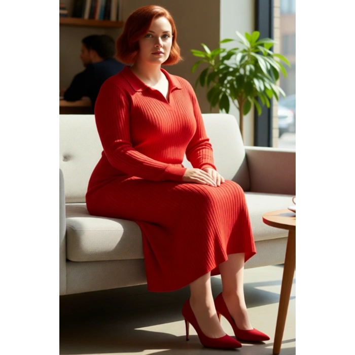 Kadın Uzun Kollu Fitilli Polo Yaka Bodycon Triko Elbise Midi Boy Soğuk Havalar İçin İdeal Kaliteli