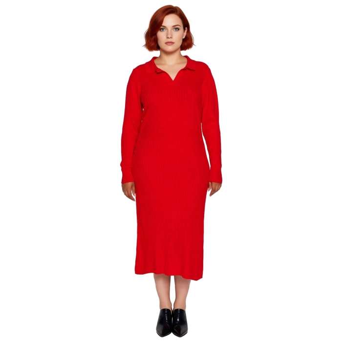 Kadın Uzun Kollu Fitilli Polo Yaka Bodycon Triko Elbise Midi Boy Soğuk Havalar İçin İdeal Kaliteli