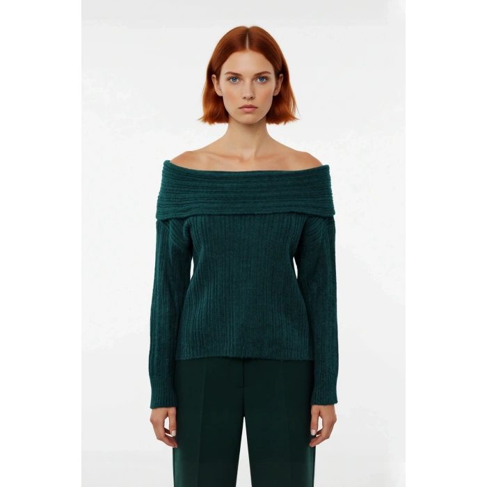 Kadın Uzun Kollu Fitilli Triko Kazak Carmen Yaka Regular Kalıp Şık Gündüz Gece Kombinleri Kaliteli