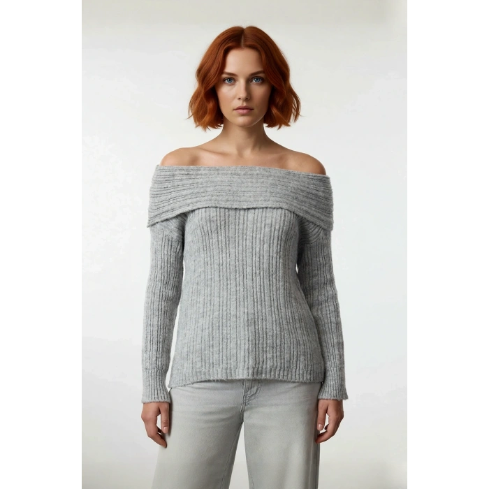 Kadın Uzun Kollu Fitilli Triko Kazak Carmen Yaka Regular Kalıp Şık Gündüz Gece Kombinleri Kaliteli