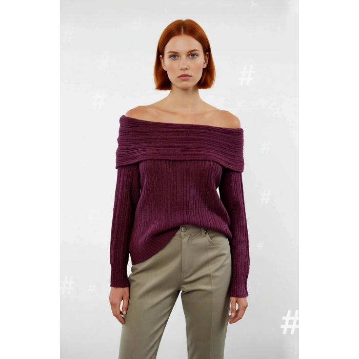 Kadın Uzun Kollu Fitilli Triko Kazak Carmen Yaka Regular Kalıp Şık Gündüz Gece Kombinleri Kaliteli