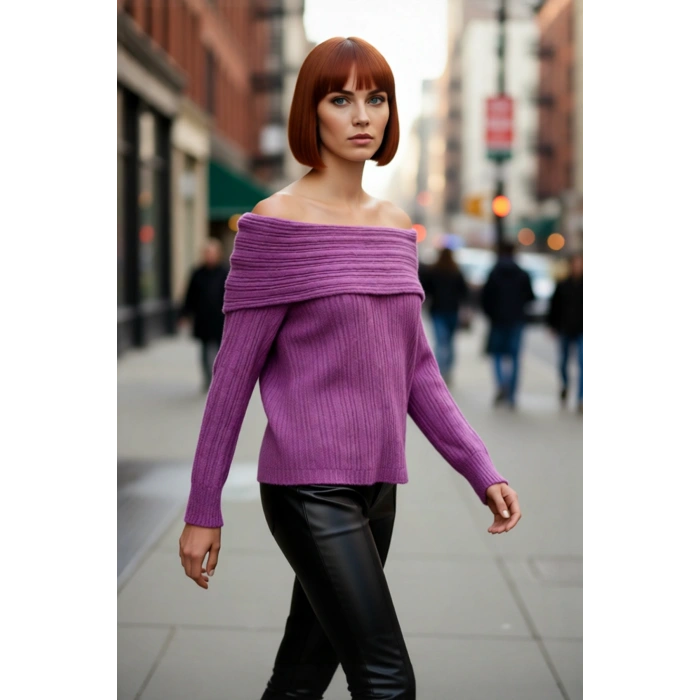 Kadın Uzun Kollu Fitilli Triko Kazak Carmen Yaka Regular Kalıp Şık Gündüz Gece Kombinleri Kaliteli