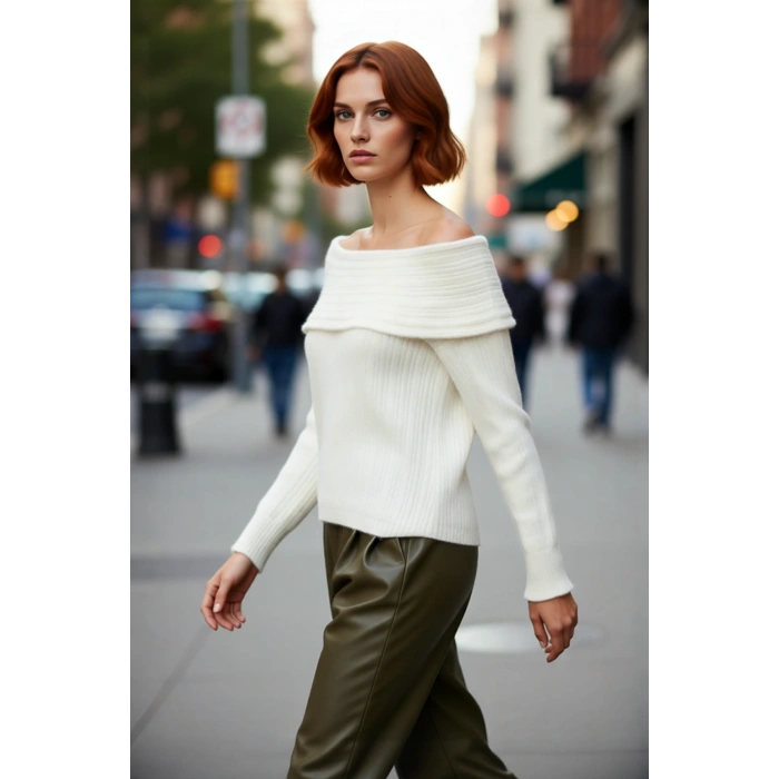 Kadın Uzun Kollu Fitilli Triko Kazak Carmen Yaka Regular Kalıp Şık Gündüz Gece Kombinleri Kaliteli