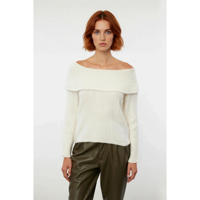 Kadın Uzun Kollu Fitilli Triko Kazak Carmen Yaka Regular Kalıp Şık Gündüz Gece Kombinleri Kaliteli