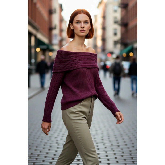 Kadın Uzun Kollu Fitilli Triko Kazak Carmen Yaka Regular Kalıp Şık Gündüz Gece Kombinleri Kaliteli