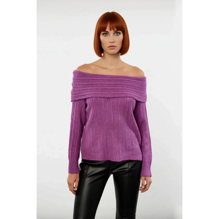 Kadın Uzun Kollu Fitilli Triko Kazak Carmen Yaka Regular Kalıp Şık Gündüz Gece Kombinleri Kaliteli