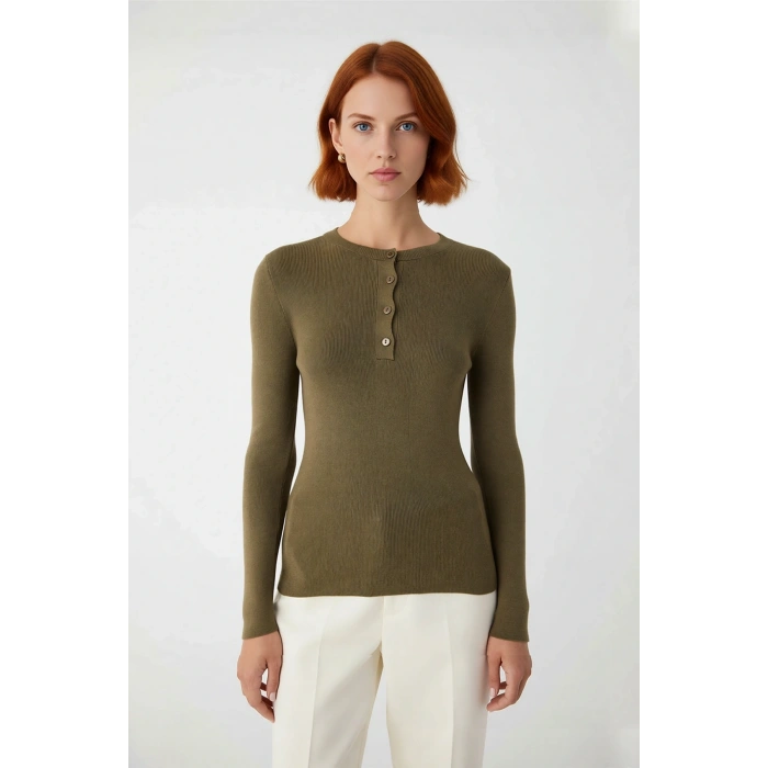 Kadın Uzun Kollu Fitted Bisiklet Yaka Dugmeli Fitilli Triko Bluz Gunluk Sik Ve Rahat Kombinler Icin