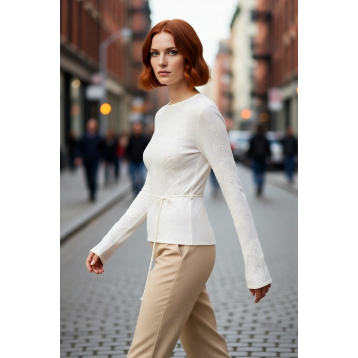 Kadın Uzun Kollu Fitted Triko Kazak İlkbahar Sonbahar İçin Çiçek Desenli Zarif Günlük Seçim