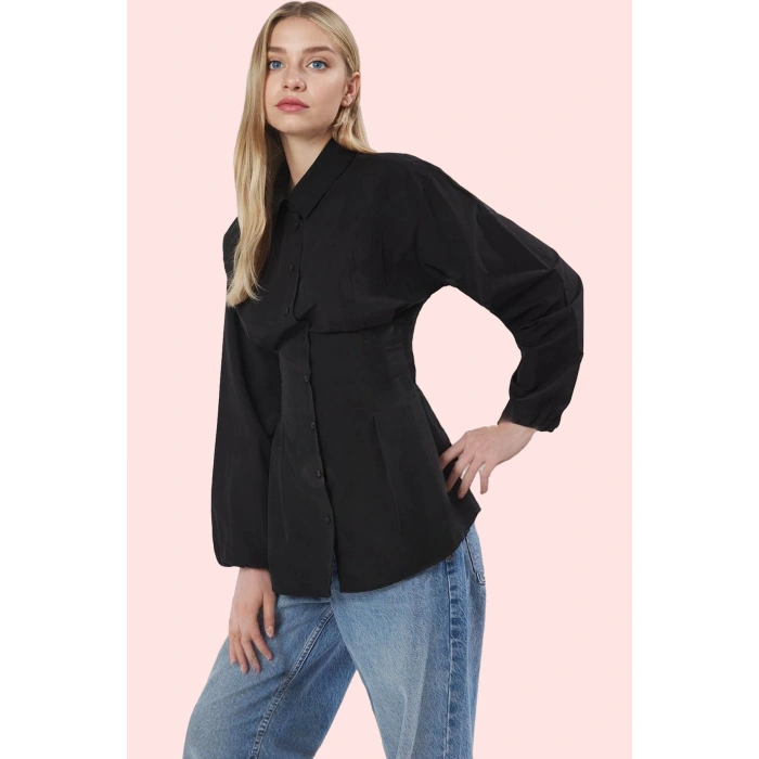 Kadın Uzun Kollu Gömlek Yaka Dokuma Basic Kalıp Terrycotton Kumaş Günlük Kullanım Hafta Sonu