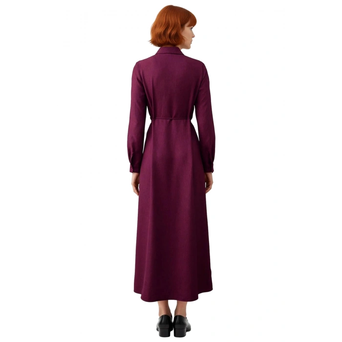 Kadın Uzun Kollu Gömlek Yaka Maxi Boy A Line Kesim Düz Dokuma Tesettür Günlük Elbise Kaliteli