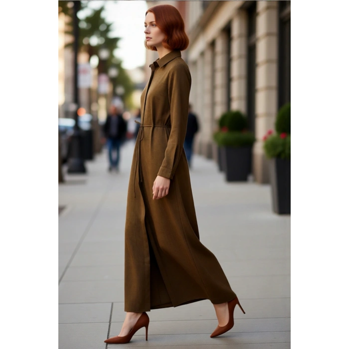 Kadın Uzun Kollu Gömlek Yaka Maxi Boy A Line Kesim Düz Dokuma Tesettür Günlük Elbise Kaliteli