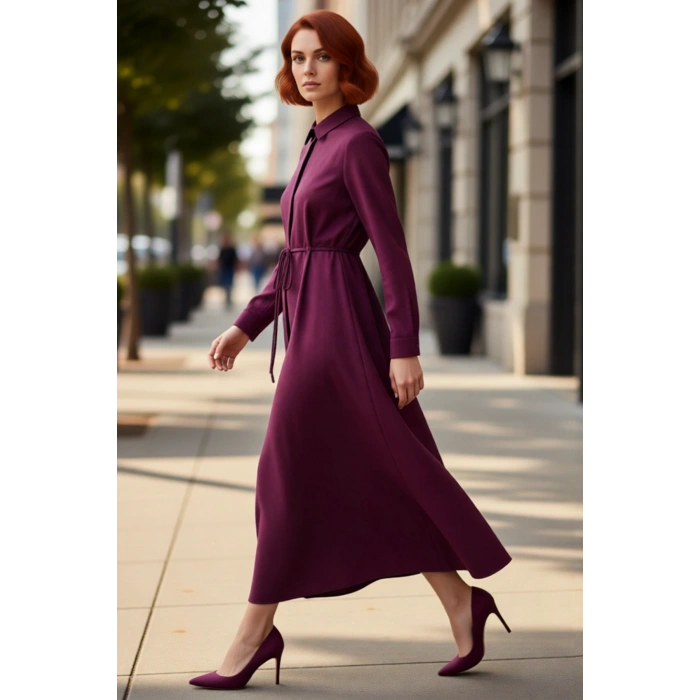 Kadın Uzun Kollu Gömlek Yaka Maxi Boy A Line Kesim Düz Dokuma Tesettür Günlük Elbise Kaliteli