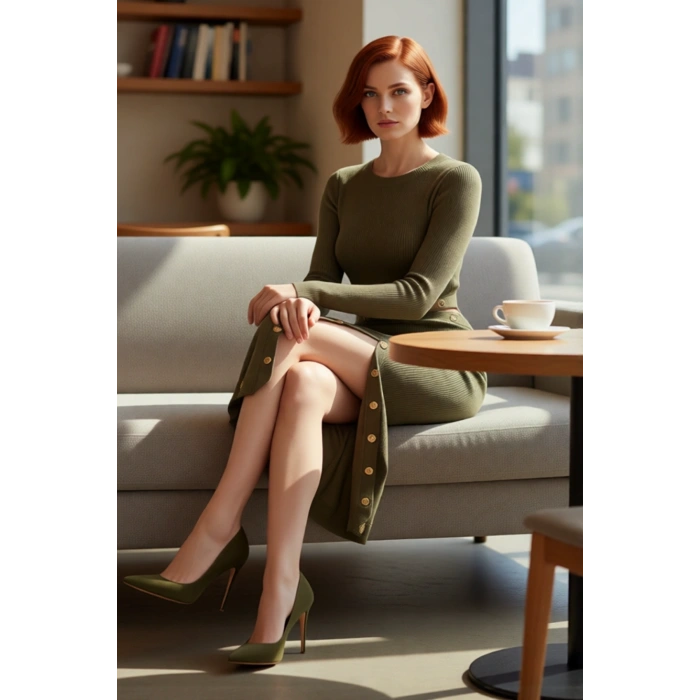 Kadın Uzun Kollu Haki Triko Elbise A line Fitilli Dokusuyla Gündüz Gece Şıklığı Kaliteli Şık