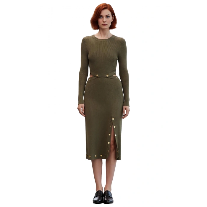 Kadın Uzun Kollu Haki Triko Elbise A line Fitilli Dokusuyla Gündüz Gece Şıklığı Kaliteli Şık