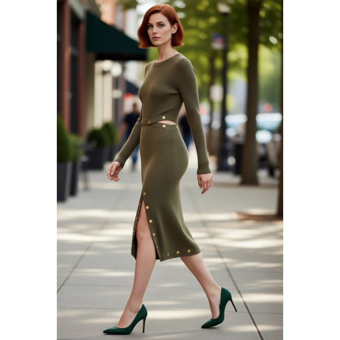Kadın Uzun Kollu Haki Triko Elbise A line Fitilli Dokusuyla Gündüz Gece Şıklığı Kaliteli Şık