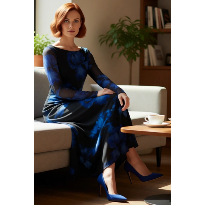 Kadın Uzun Kollu Kayık Yaka Bodycon Maxi Elbise Sırt Dekolteli Tül Dokulu Soyut Çiçekli Şık