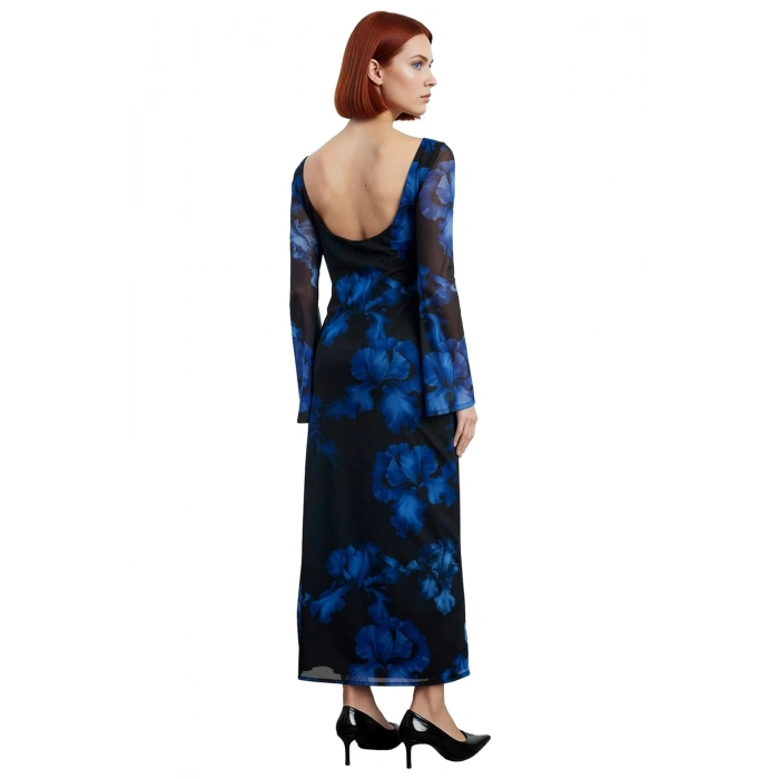 Kadın Uzun Kollu Kayık Yaka Bodycon Maxi Elbise Sırt Dekolteli Tül Dokulu Soyut Çiçekli Şık