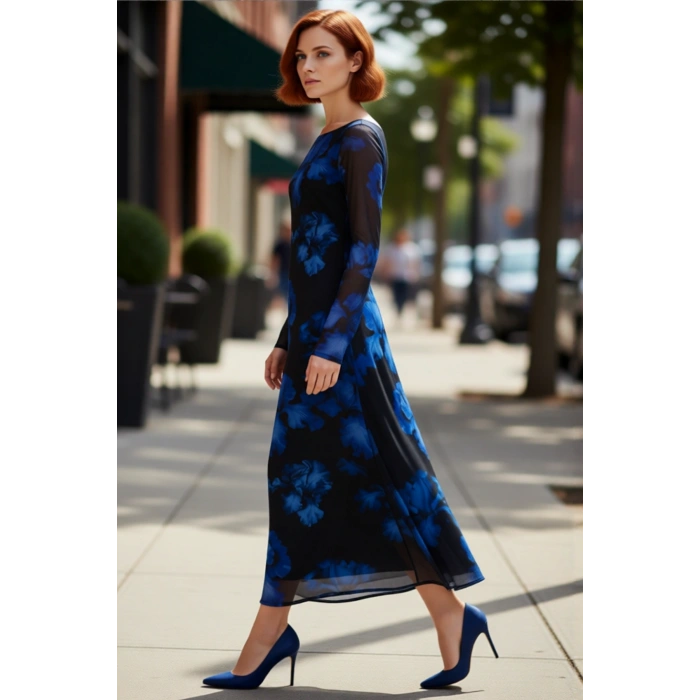 Kadın Uzun Kollu Kayık Yaka Bodycon Maxi Elbise Sırt Dekolteli Tül Dokulu Soyut Çiçekli Şık