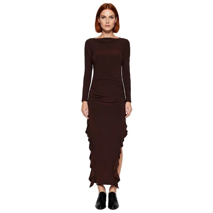 Kadın Uzun Kollu Kayık Yaka Eteği Fırfırlı Bodycon Maxi Elbise Modern Ve Zarif Kış Stili Kaliteli