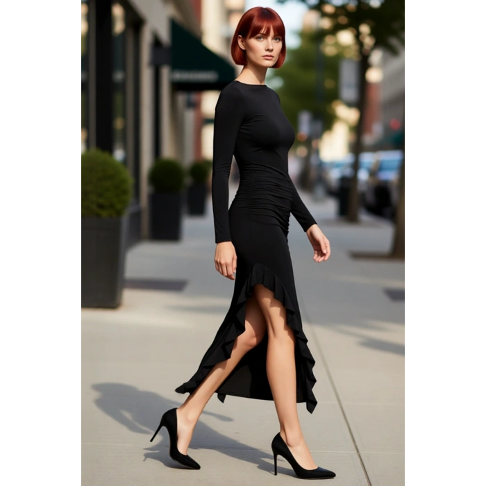 Kadın Uzun Kollu Kayık Yaka Eteği Fırfırlı Bodycon Maxi Elbise Modern Ve Zarif Kış Stili Kaliteli