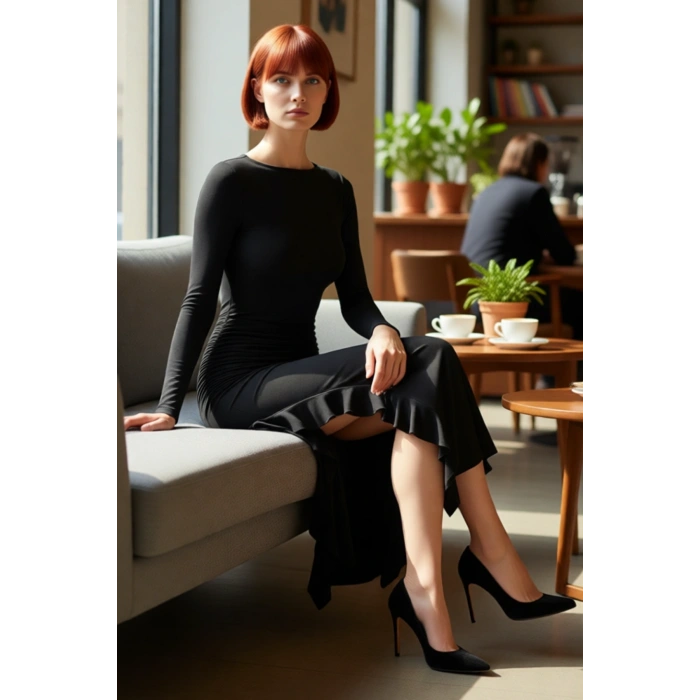 Kadın Uzun Kollu Kayık Yaka Eteği Fırfırlı Bodycon Maxi Elbise Modern Ve Zarif Kış Stili Kaliteli