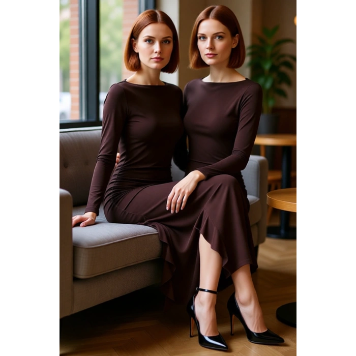 Kadın Uzun Kollu Kayık Yaka Eteği Fırfırlı Bodycon Maxi Elbise Modern Ve Zarif Kış Stili Kaliteli