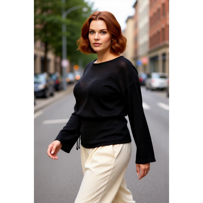 Kadın Uzun Kollu Kayık Yaka Triko Kazak Düz Desen Rahat Regular Kalıp Kuşaklı Şık Giyim Kaliteli