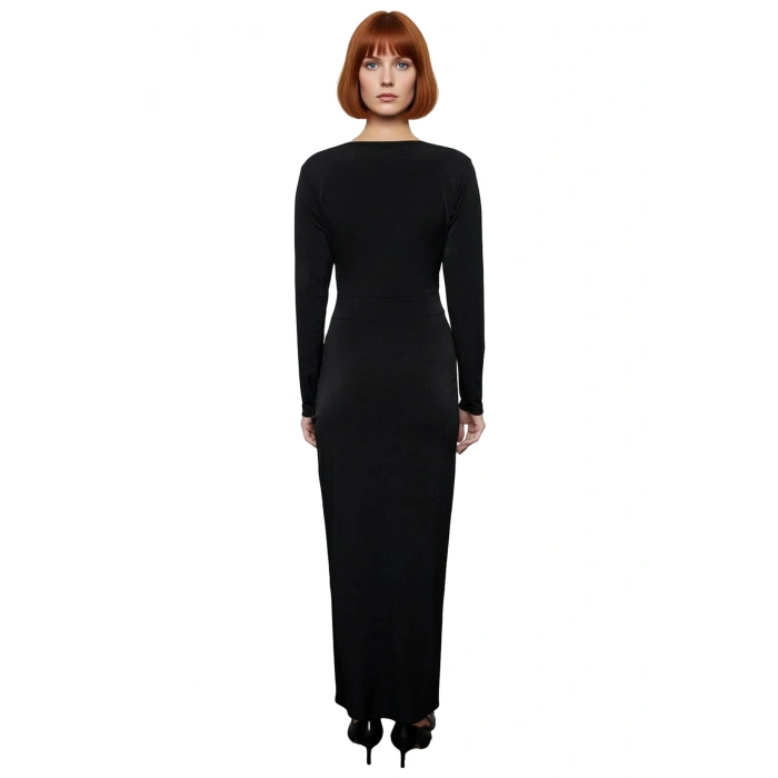 Kadın Uzun Kollu Kruvaze Yaka Bodycon Drape Detaylı Örme Sandy Dokuma Maxi Abiye Elbise Kaliteli
