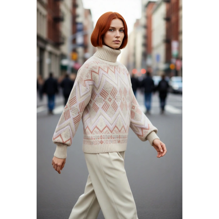 Kadın Uzun Kollu Oversize Kesim Etnik Desenli Balıkçı Yaka Akrilik Triko Kazak Günlük Giyim