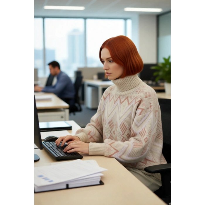 Kadın Uzun Kollu Oversize Kesim Etnik Desenli Balıkçı Yaka Akrilik Triko Kazak Günlük Giyim