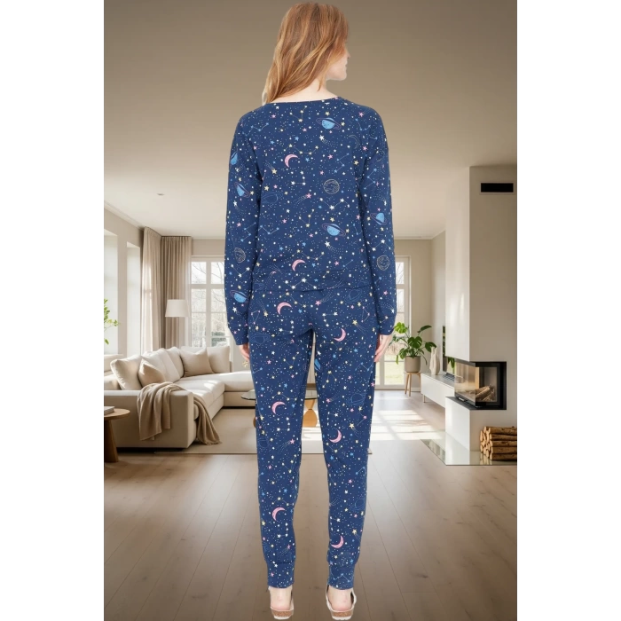 Kadın Uzun Kollu Pamuklu Pijama Takımı Galaksi Desenli Kış İçin Rahat Özenle Seçilmiş Premium Kalite