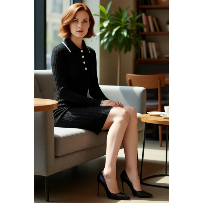 Kadın Uzun Kollu Polo Yaka Bodycon Kahverengi Triko Mini Elbise Şık Ve Konforlu Günlük Stil