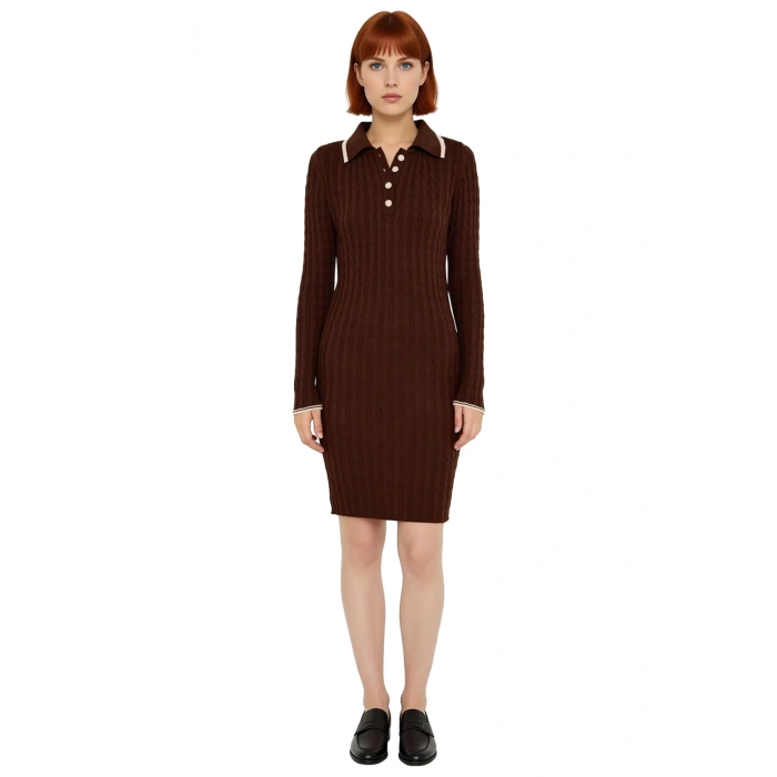 Kadın Uzun Kollu Polo Yaka Bodycon Kahverengi Triko Mini Elbise Şık Ve Konforlu Günlük Stil