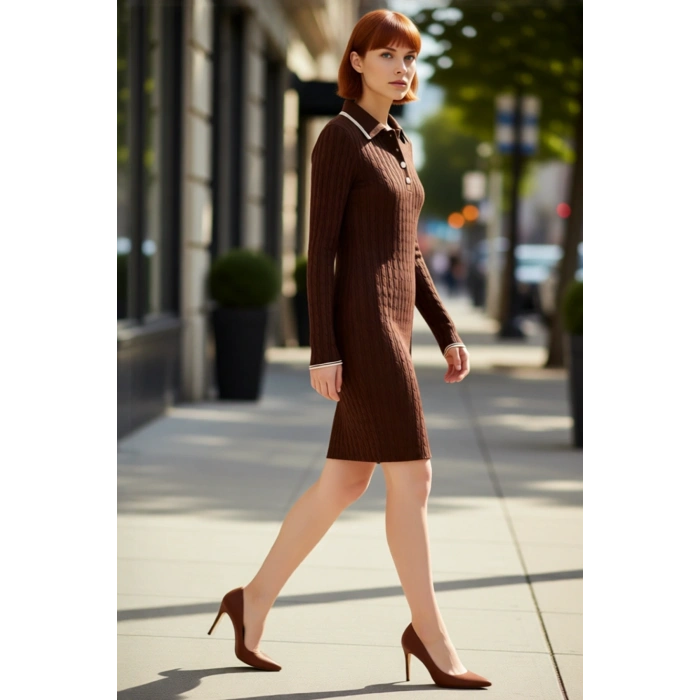 Kadın Uzun Kollu Polo Yaka Bodycon Kahverengi Triko Mini Elbise Şık Ve Konforlu Günlük Stil