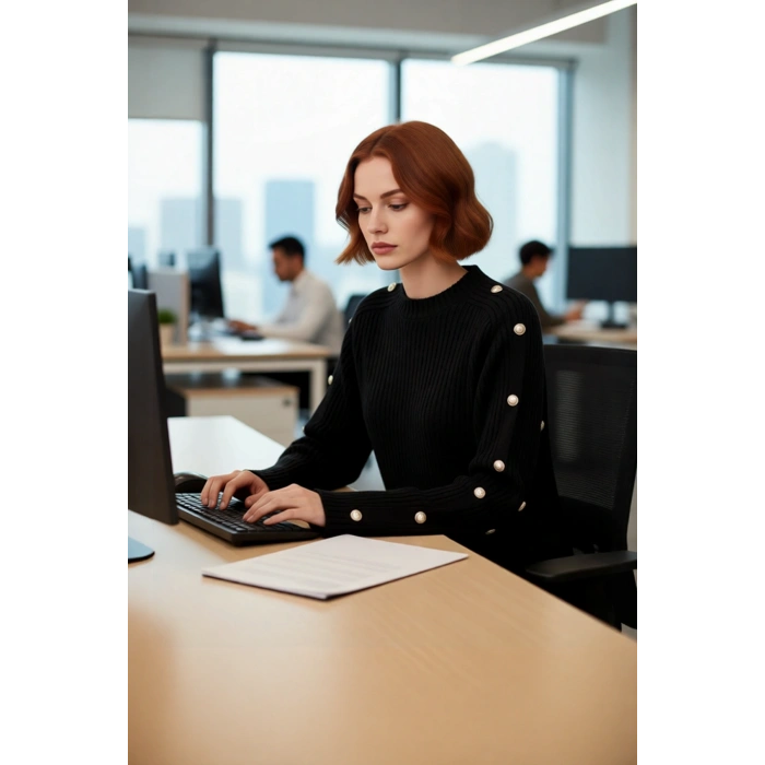 Kadın Uzun Kollu Regular Fit Triko Kazak Bisiklet Yaka Selanik Dokuma İspanyol Kol Detaylarıyla