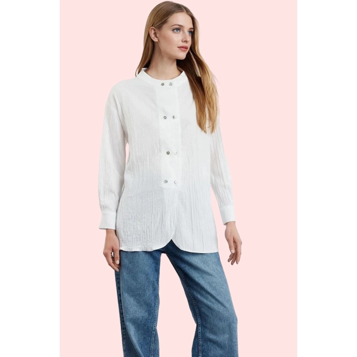Kadın Uzun Kollu Regular Kalıp Gömlek Dokuma Kumaş Polyester Yazlık Yaz Aylarının Vazgeçilmezi