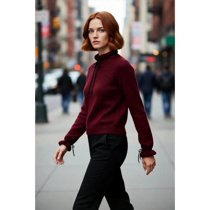 Kadın Uzun Kollu Regular Kesim Dik Yaka Ajur Desenli Bağcıklı Triko Kazak Kışlık Basic Stil