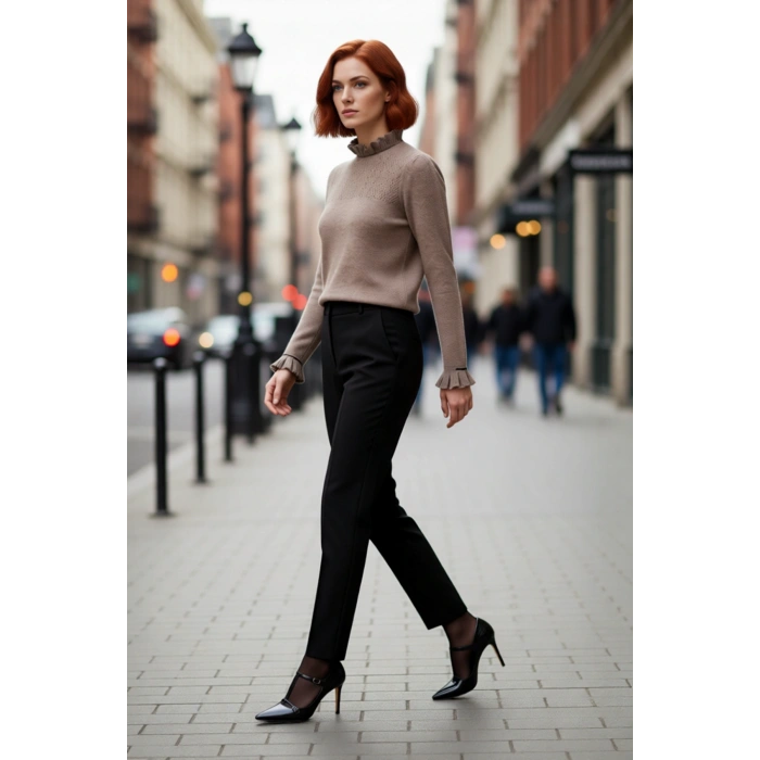 Kadın Uzun Kollu Regular Kesim Dik Yaka Ajur Desenli Bağcıklı Triko Kazak Kışlık Basic Stil